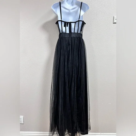Windsor Black Tulle Cutout Waist Spaghetti Strap Leg Slit Formal Gown Large Prom - Picture 3 of 13